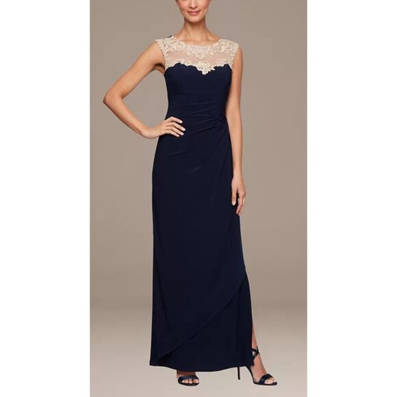Alex Evenings Dress Navy Blue Gold 16 Long Ruffle Wedding Cruise Formal NEW - Picture 4 of 11